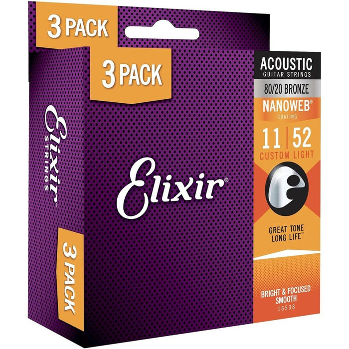 Elixir | 16538 | 3 PACK | Nanoweb | Acoustic Strings | 80/20 Bronze | Custom Light | 11 - 52 | 23/A - NW - CL - 3P (E16538) - Gsus4