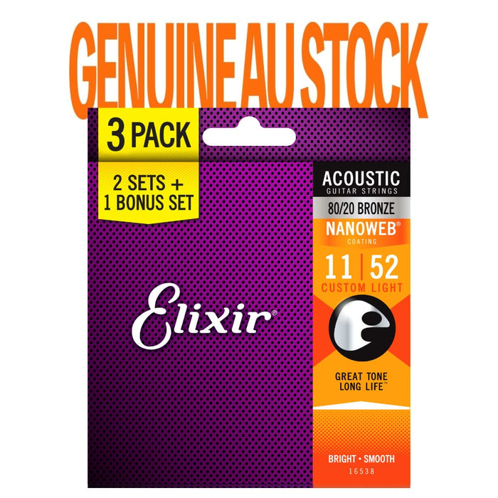Elixir | 16538 | 3 PACK | Nanoweb | Acoustic Strings | 80/20 Bronze | Custom Light | 11 - 52 | 23/A - NW - CL - 3P (E16538) - Gsus4