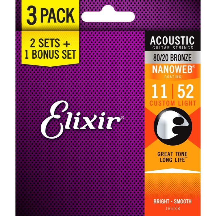Elixir | 16538 | 3 PACK | Nanoweb | Acoustic Strings | 80/20 Bronze | Custom Light | 11 - 52 | 23/A - NW - CL - 3P (E16538) - Gsus4