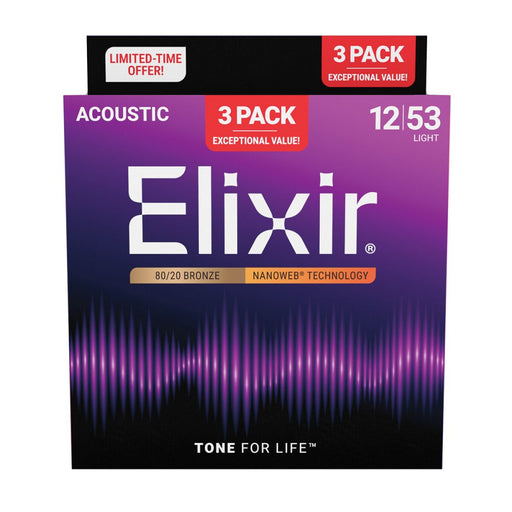 Elixir | 16565 | 3 PACK | Nanoweb | Acoustic Strings | 80/20 Bronze | Light | 12 - 53 | 23/A - NW - L - 3P (E16565) - Gsus4
