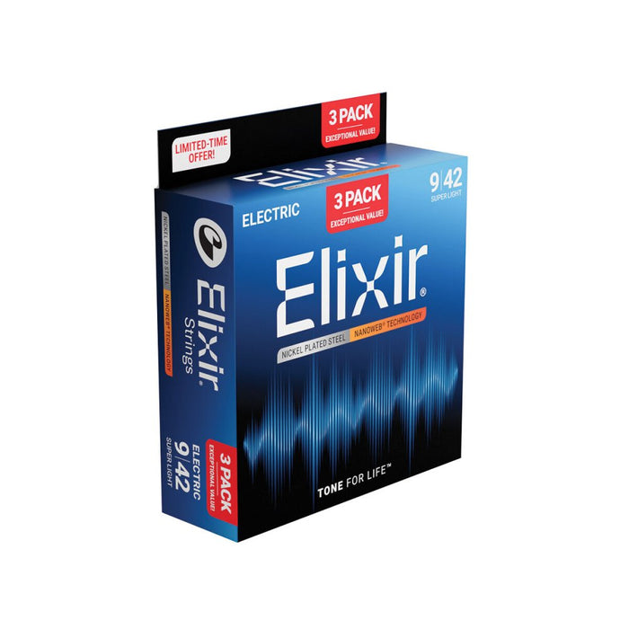 Elixir | 16566 | 3 PACK | Nanoweb | Electric Strings | Nickel Plated Steel | Super Light | 9 - 42 | 23/E - NW - SL - 3P (E16566) - Gsus4