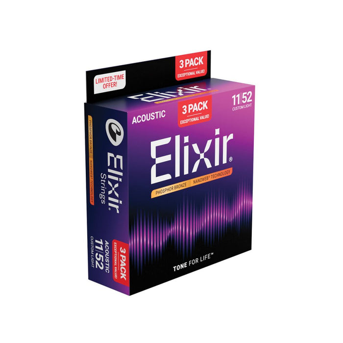 Elixir | 16568 | 3 PACK | Nanoweb | Acoustic Strings | Phos Bronze | Custom Light | 11 - 52 |23/APB - NW - CL - 3P (E16568) - Gsus4