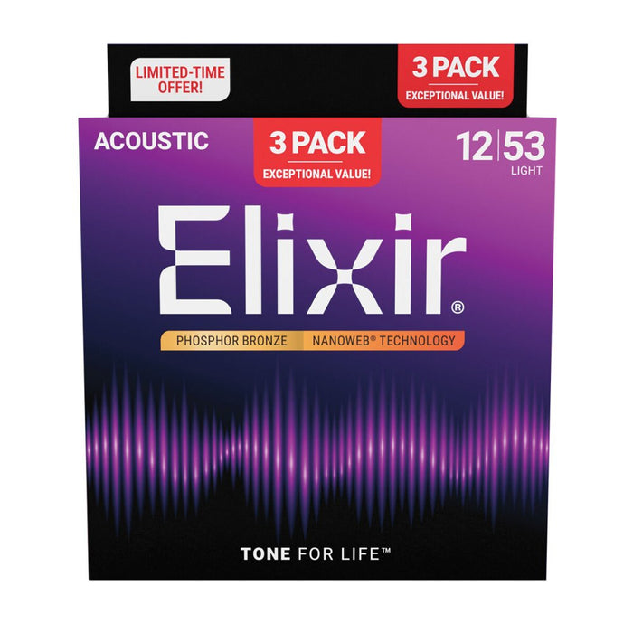 Elixir | 16569 | 3 PACK | Nanoweb | Acoustic Strings | Phosphor Bronze | Light | 12 - 53 | 23/APB - NW - L - 3P (E16569) - Gsus4