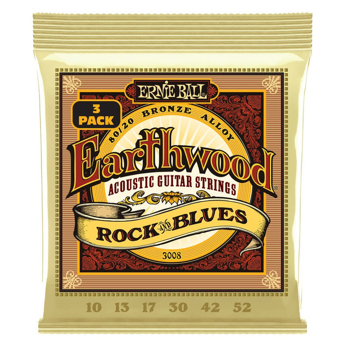 Ernie Ball P03008 Rock and Blues w/Plain G Earthwood 80/20 Bronze Acoustic Guitar Strings 10-52 Gauge - 3 Pack