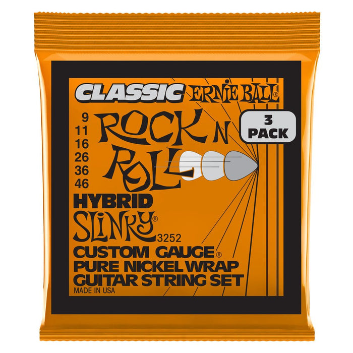 Ernie Ball P03252 Hybrid Slinky Classic Rock n Roll Pure Nickel Wrap Electric Guitar Strings 9-46 Gauge - 3 Pack