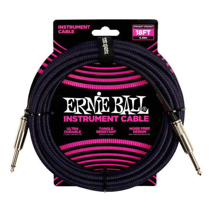 Ernie Ball P06395 Braided Instrument Cable Straight/Straight 18ft - Purple/Black