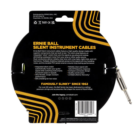Ernie Ball | SILENT Plug | Straight / Straight Instrument Cable | 3m | Black | P06472 (P06472) - Gsus4