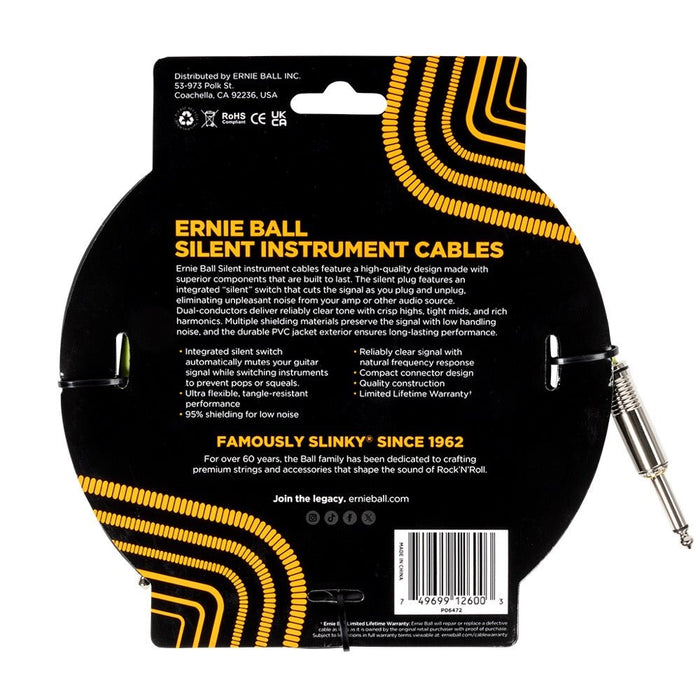 Ernie Ball | SILENT Plug | Straight / Straight Instrument Cable | 3m | Black | P06472 (P06472) - Gsus4