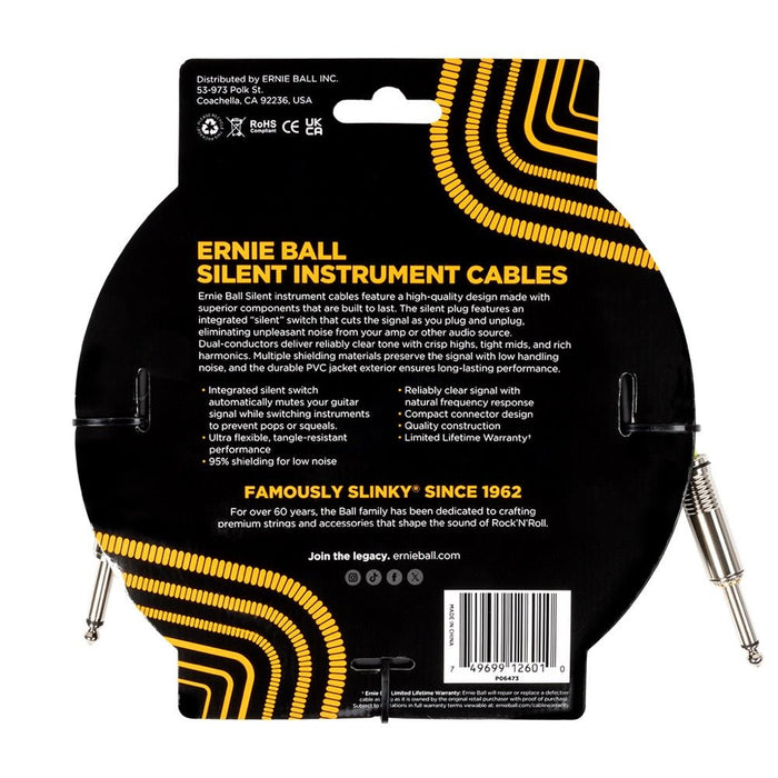 Ernie Ball | SILENT Plug | Straight / Straight Instrument Cable | 6m | Black | P06473 (P06473) - Gsus4