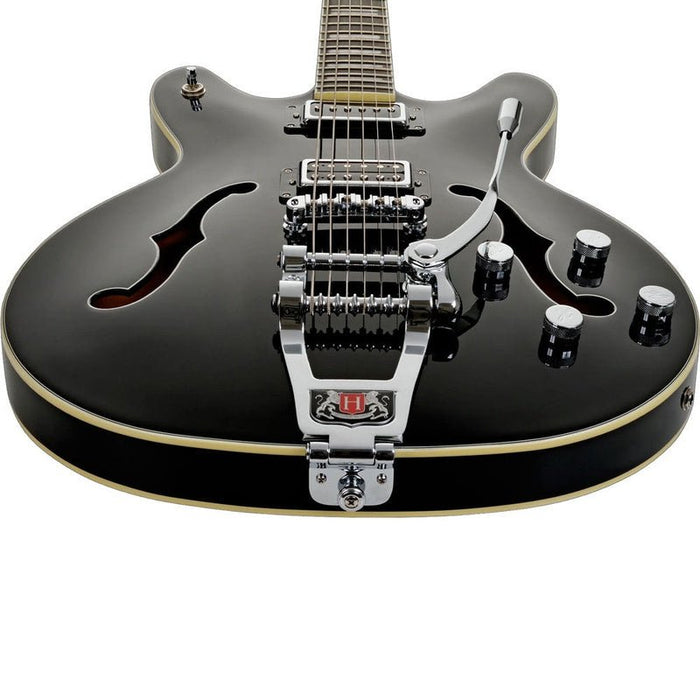 Hagstrom Tremar Viking Deluxe Baritone Semi-Hollow Guitar in Black Gloss (HSTREVIKBADXBLK) - Gsus4