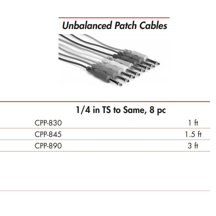 Hosa CPP-830 1/4" TS to Same Unbalanced Patch Cables (8-Pack 1ft) (HOS-CPP830) - Gsus4
