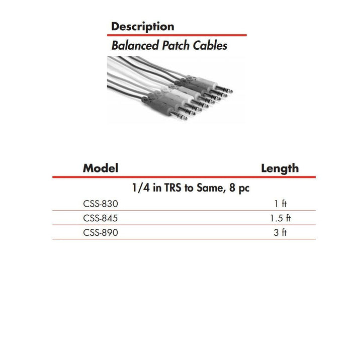 Hosa CSS-830 1/4" TRS to Same Balanced Patch Cables (8-Pack 1ft) (HOS-CSS830) - Gsus4