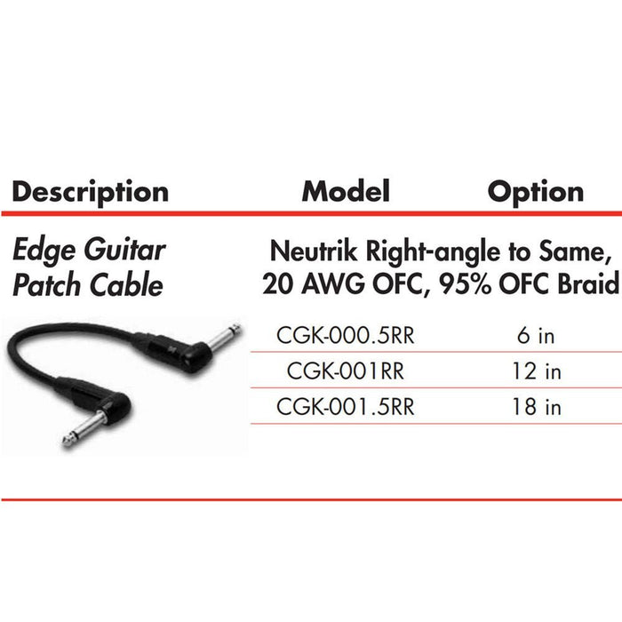 Hosa | EDGE CGK001RR | Neutrik Guitar Patch Cable | RIGHT - ANGLE To Same | 12 In / 30cm (HOS - CGK001RR) - Gsus4