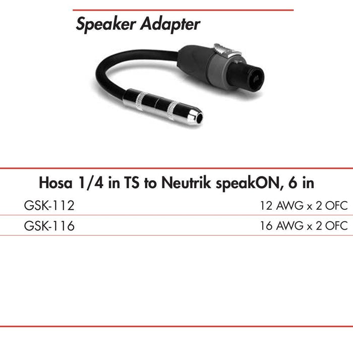 Hosa GSK112 Speaker Adapter 1/4 in TS to Neutrik speakON 6" 12 AWG x 2 OFC (HOS-GSK112) - Gsus4