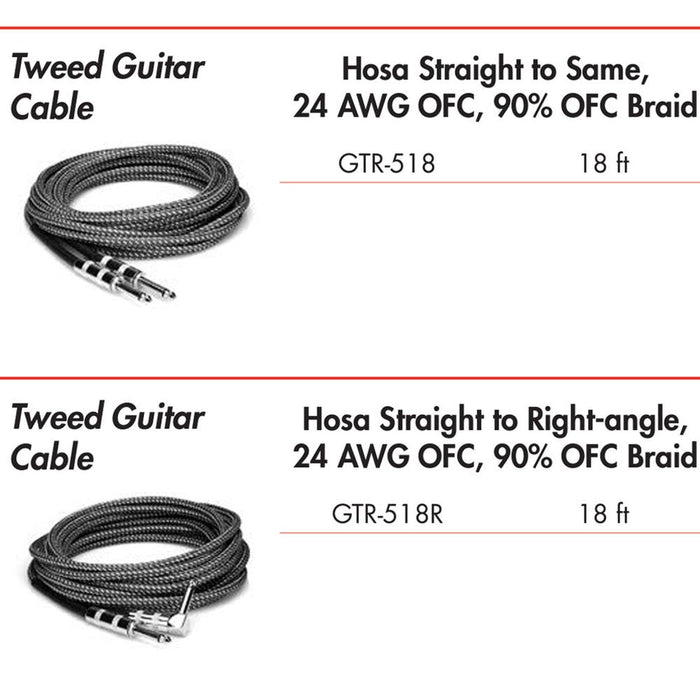 Hosa | GTR518R | Tweed Guitar Cable | RIGHT - ANGLE To Same | 18 Ft / 5.4 M (HOS - GTR518R) - Gsus4