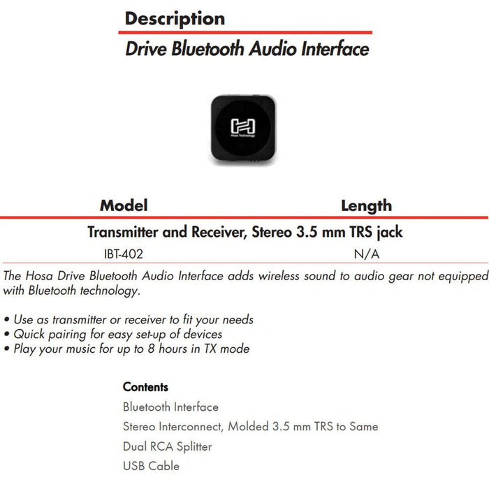 Hosa | IBT402 | Bluetooth Drive | Transmitter / Receiver | Stereo 3.5mm TRS Jack (HOS - IBT402) - Gsus4