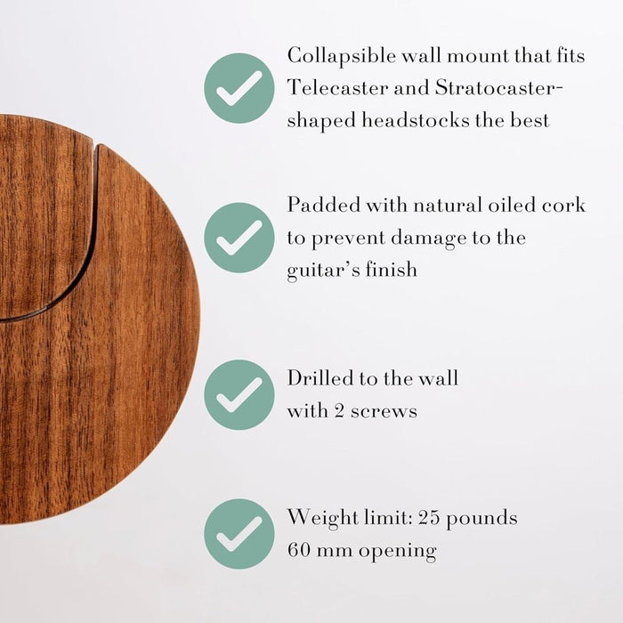 Openhagen | Collapsible Guitar Hanger Flat Wall Mount Bracket | For Electric | 60 mm | Walnut (HWE301WAL - Variant - 1) - Gsus4