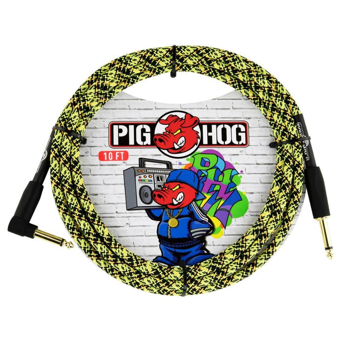 Pig Hog PCH10GYWR 10ft Straight/Right Angle Braided Instrument Cable in Yellow Graffiti (PCH10GYWR) - Gsus4
