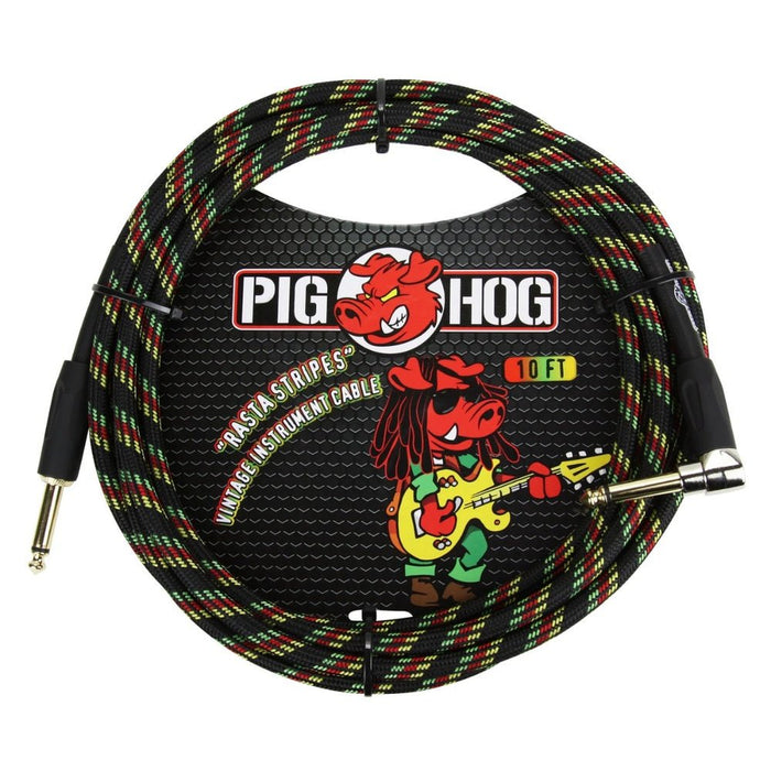 Pig Hog PCH10RAR 10ft Straight/Right Angle Braided Instrument Cable in Rasta Stripes (PCH10RAR) - Gsus4