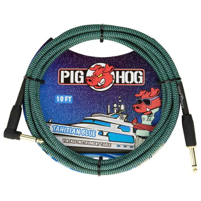 Pig Hog PCH10TABR 10ft Straight/Right Angle Braided Instrument Cable in Tahitian Blue (PCH10TABR) - Gsus4