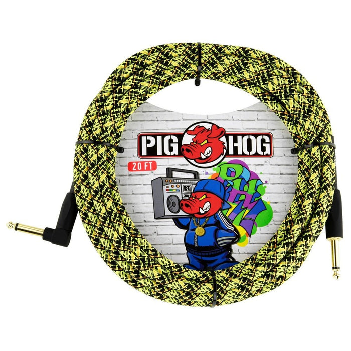 Pig Hog PCH20GYWR 20ft Straight/Right Angle Braided Instrument Cable in Yellow Graffiti (PCH20GYWR) - Gsus4