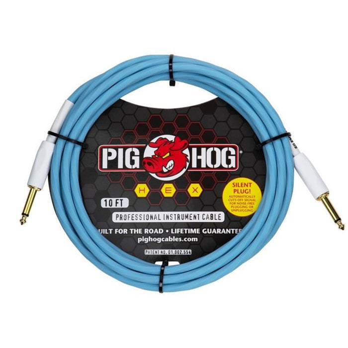Pig Hog PHSH10DB Hex SILENT PLUG Instrument Cable 10 ft Daphne Blue (PHSH10DB) - Gsus4