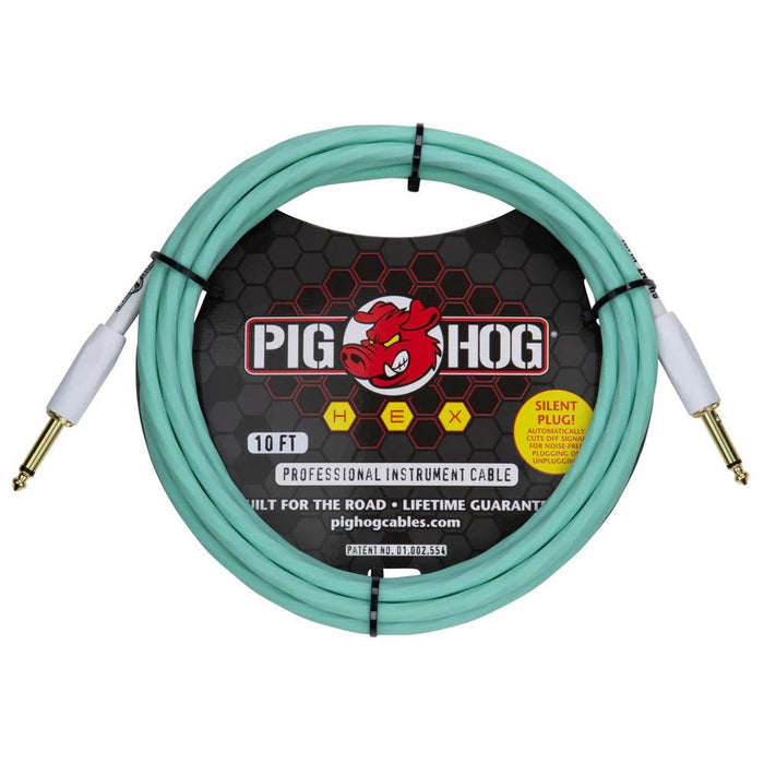 Pig Hog PHSH10SG Hex SILENT PLUG Instrument Cable 10 ft Seafoam Green (PHSH10SG) - Gsus4