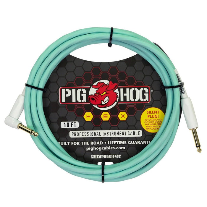 Pig Hog PHSH10SGR Hex SILENT PLUG Instrument Cable 10 ft Seafoam Green, Right Angle (PHSH10SGR) - Gsus4