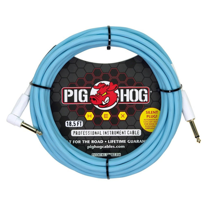 Pig Hog PHSH186DBR Hex SILENT PLUG Instrument Cable 18.6 ft Daphne Blue, Right Angle (PHSH186DBR) - Gsus4