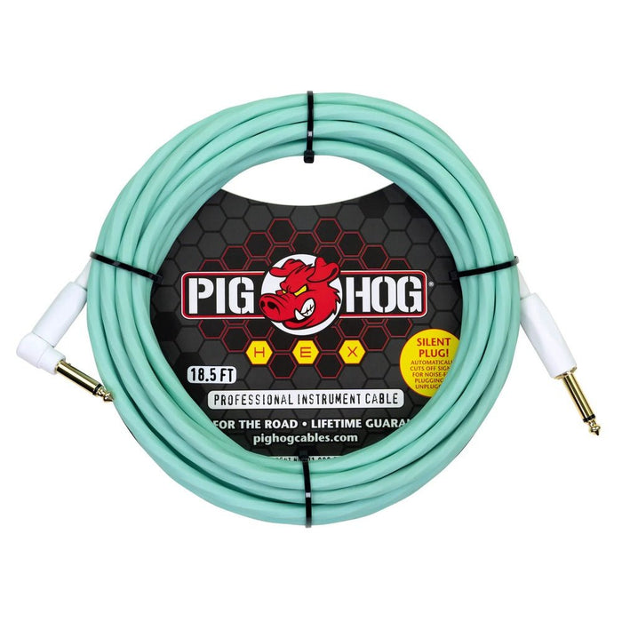 Pig Hog PHSH186SGR Hex SILENT PLUG Instrument Cable 18.6 ft Seafoam Green, Right Angle (PHSH186SGR) - Gsus4