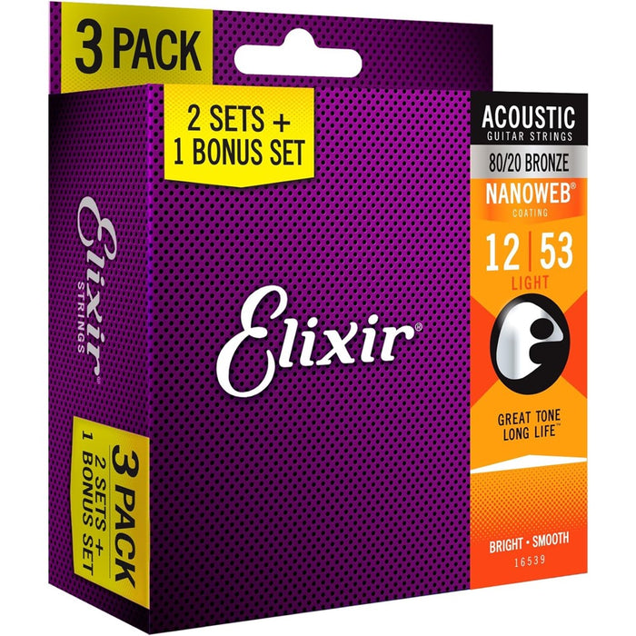 Elixir | 3 PACK | Nanoweb | Acoustic Strings | 80/20 Bronze | Light | 12-53 | 16539
