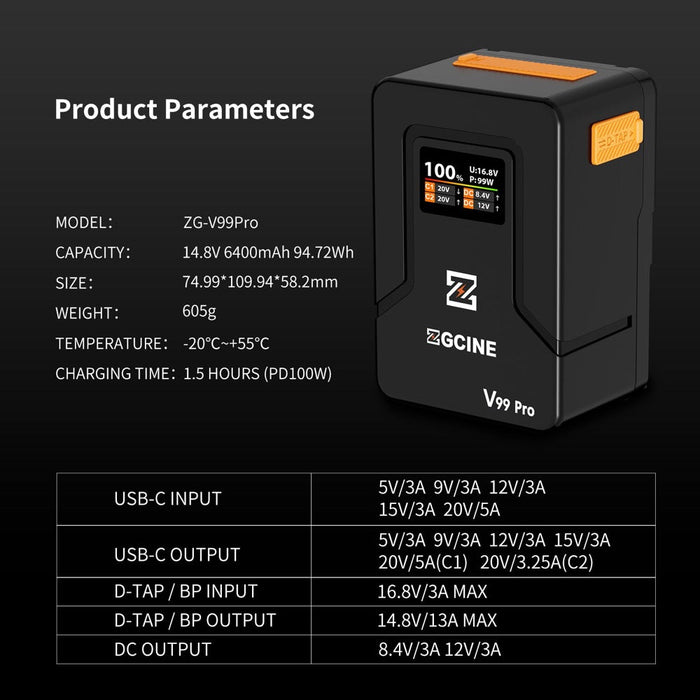 ZGCine | ZG - V99PRO | 99W V - Mount Battery | w/ PD100W, Multi - Ports & Smart Display (ZG-V99Pro-O) - Gsus4