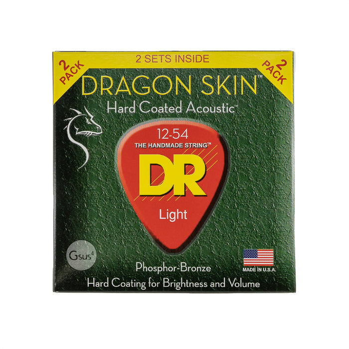 DR Strings | Dragon Skin | Hard Coated Acoustic Strings | K3 Coating | 2 Sets | Light Gauge (12-54)