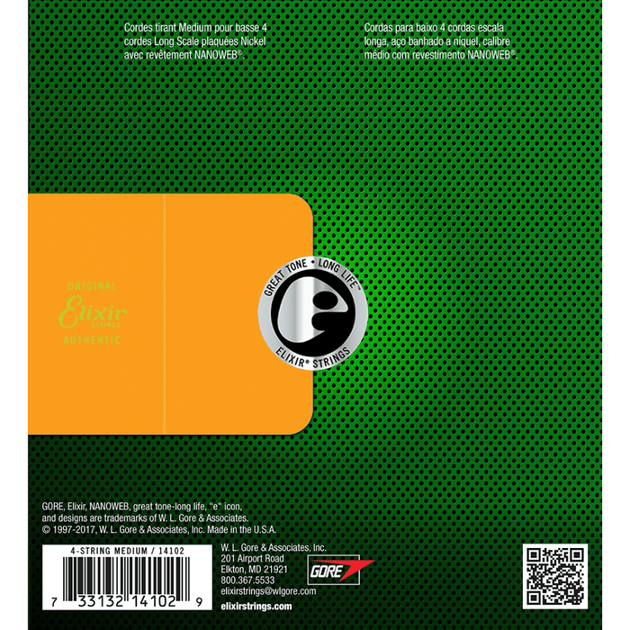 Elixir Nickel Plated Steel 4-String Bass Strings w/ NANOWEB Coating - Medium - Gsus4