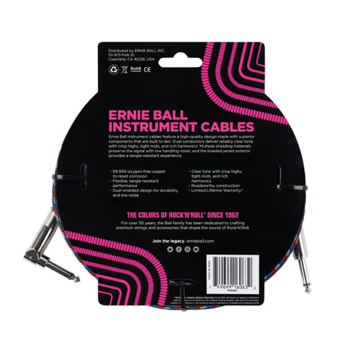 Ernie Ball | Braided Straight / Angle Instrument Cable | 7.5m | Black / Red / Blue / White | P06063 (P06063) - Gsus4