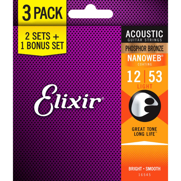 Elixir | 3 PACK | Nanoweb | Acoustic Strings | Phosphor Bronze | Light | 12-53