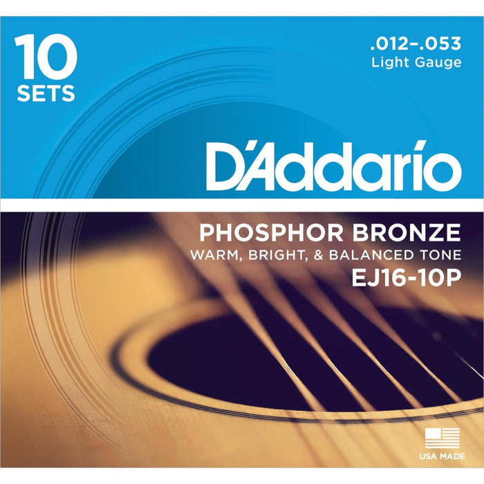 D'Addario | EJ16-10P | Acoustic Guitar Strings | Phosphor Bronze | Light | 10 Pack