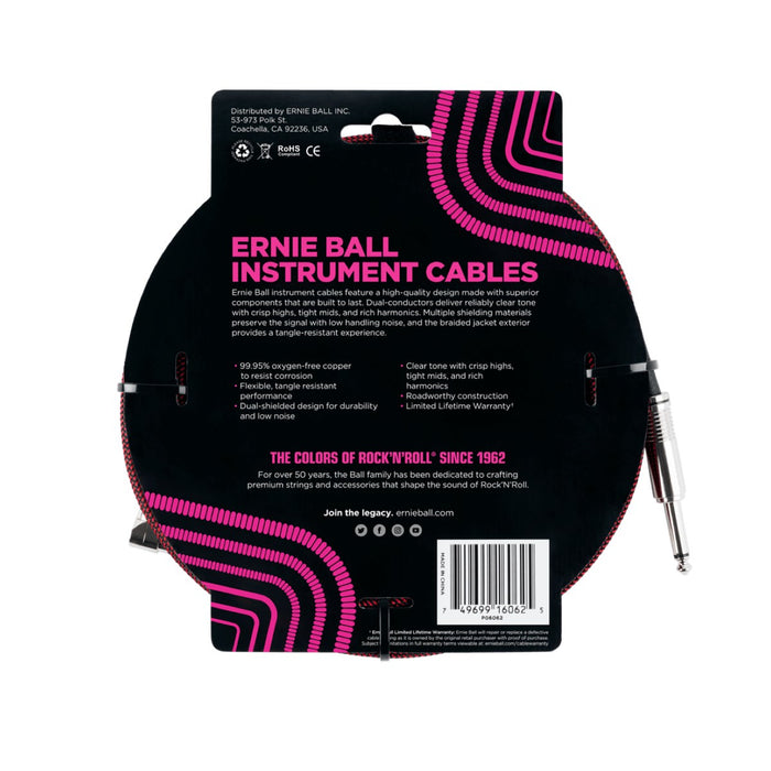 Ernie Ball | Braided Straight / Angle Instrument Cable | 7.5m | Black / Red | P06062