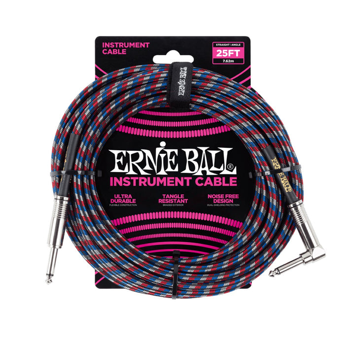Ernie Ball | Braided Straight / Angle Instrument Cable | 7.5m | Black / Red / Blue / White | P06063
