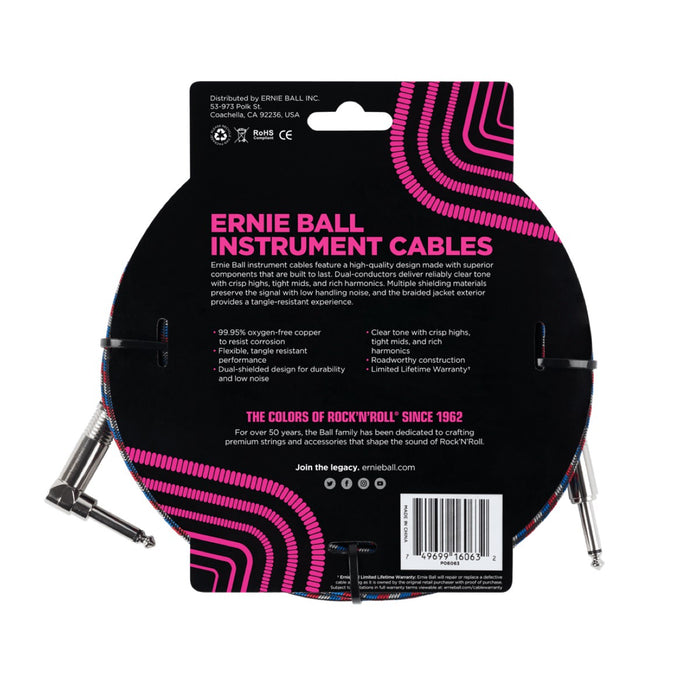 Ernie Ball | Braided Straight / Angle Instrument Cable | 7.5m | Black / Red / Blue / White | P06063