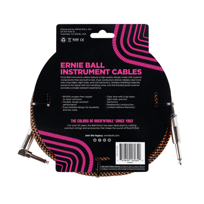 Ernie Ball | Braided Straight / Angle Instrument Cable | 7.5m | Black / Orange | P06064