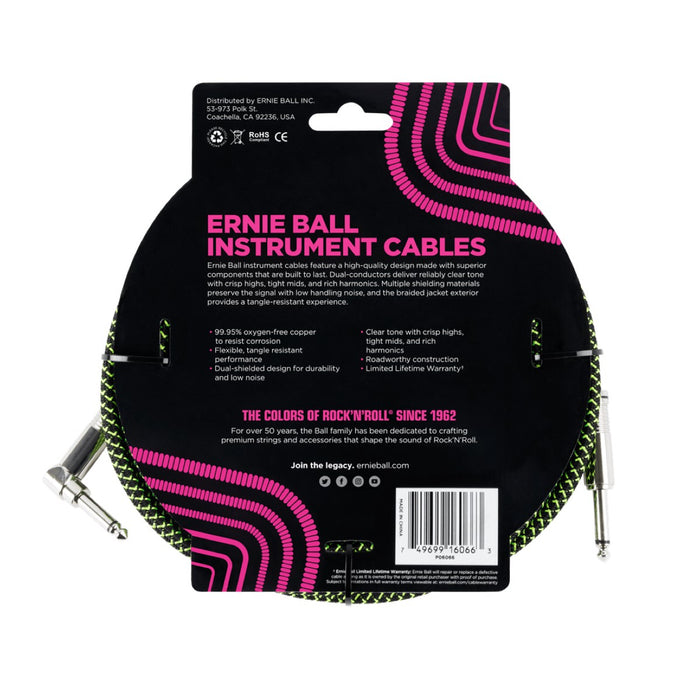 Ernie Ball | Braided Straight / Angle Instrument Cable | 7.5m | Black / Green | P06066