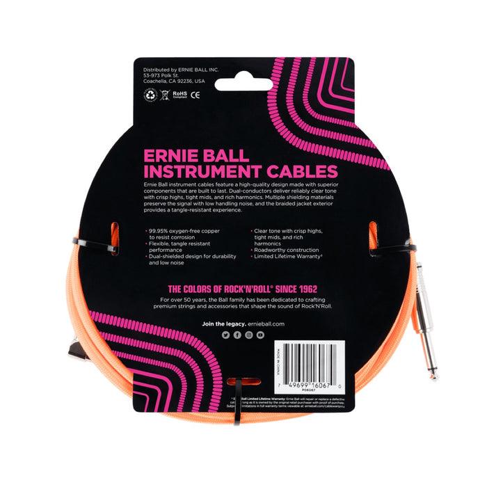 Ernie Ball | Braided Straight / Angle Instrument Cable | 7.5m | Neon Orange | P06067