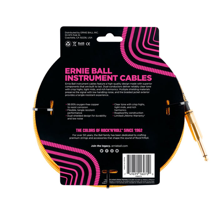 Ernie Ball | Braided Straight / Angle Instrument Cable | 7.5m | Gold | P06070