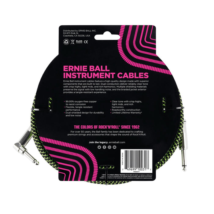 Ernie Ball | Braided Straight / Angle Instrument Cable | 3m | Black Green | P06077