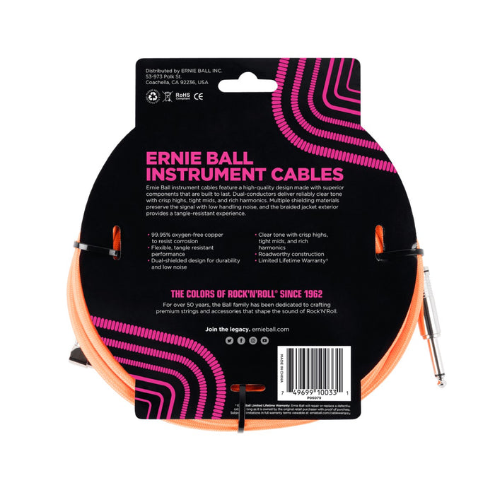 Ernie Ball | Braided Straight / Angle Instrument Cable | 3m | Neon Orange | P06079