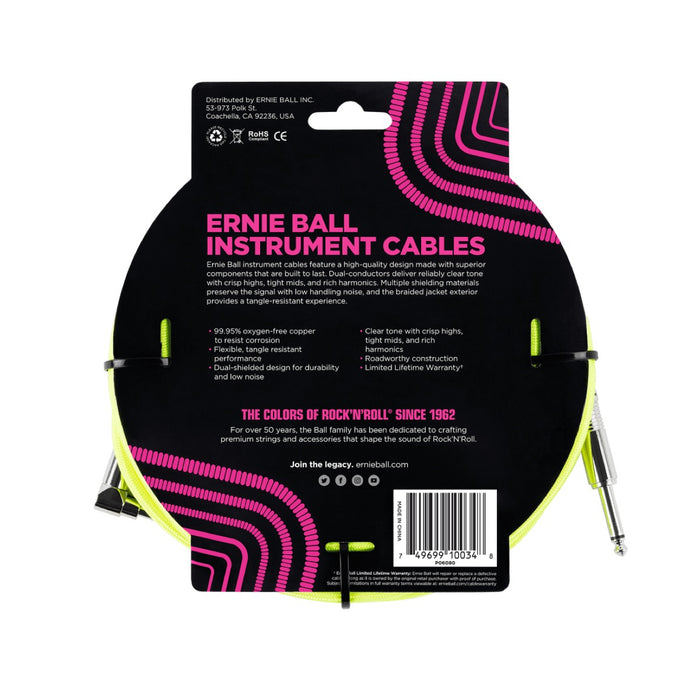 Ernie Ball | Braided Straight / Angle Instrument Cable | 3m | Neon Yellow | P06080