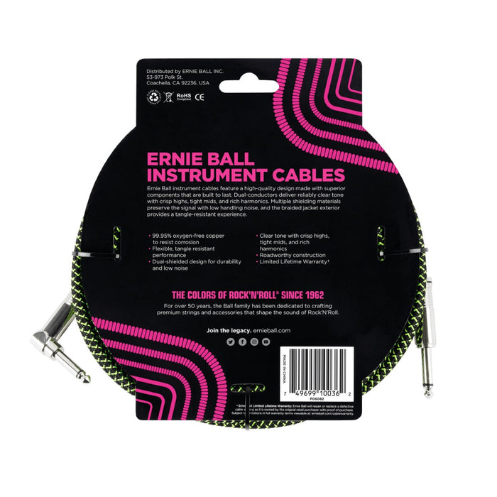 Ernie Ball | Braided Straight / Angle Instrument Cable | 5.5m | Black / Green | P06082