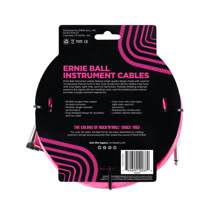 Ernie Ball | Braided Straight / Angle Instrument Cable | 5.5m | Neon Pink | P06083