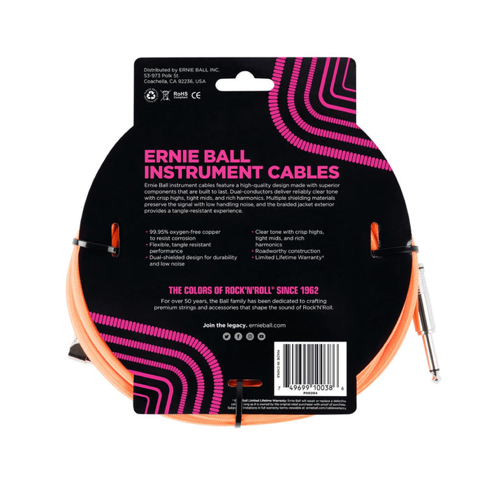 Ernie Ball | Braided Straight / Angle Instrument Cable | 5.5m | Neon Orange | P06084